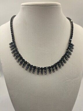 Vintage Style Dark Blue & Purple Rhinestone Fringe Collar Necklace Gunmetal Tone